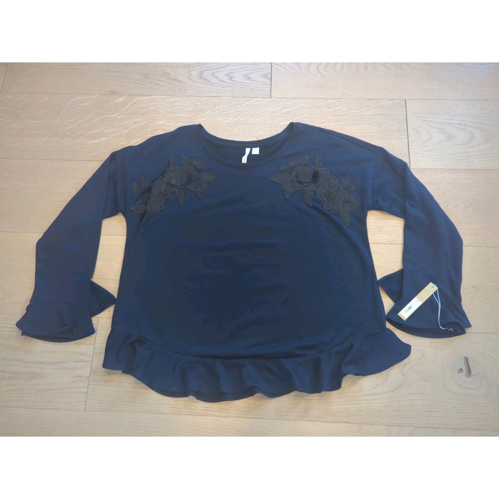 LC Lauren Conrad Navy Floral‎ Embroidery Tunic XL Ruffle Sleeve Boho Top NWT $44